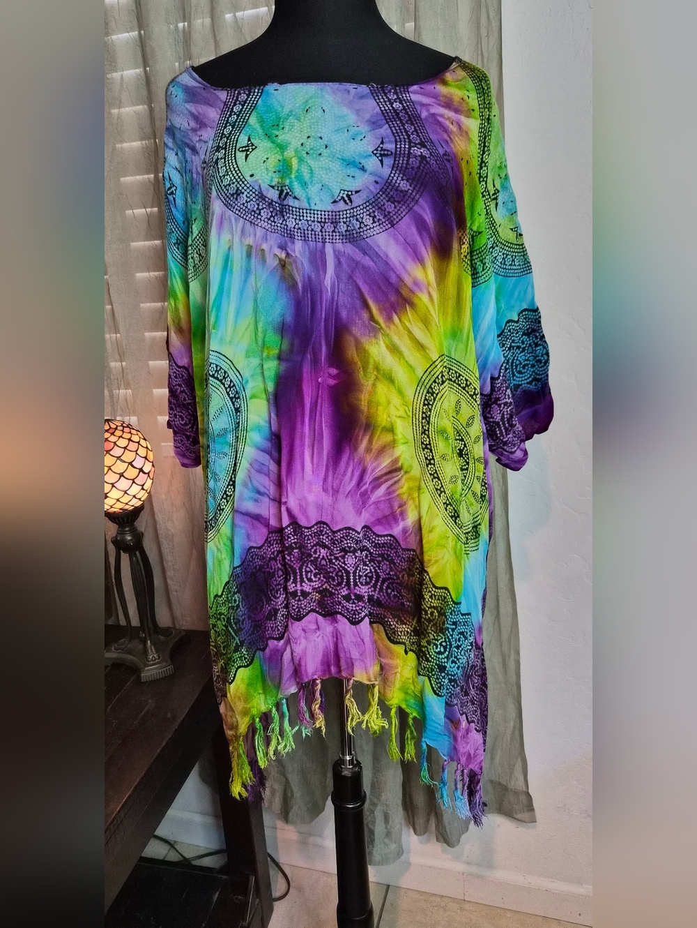Tie-Dye Boho Fringe Tunic Top in Purple, Green & Blue